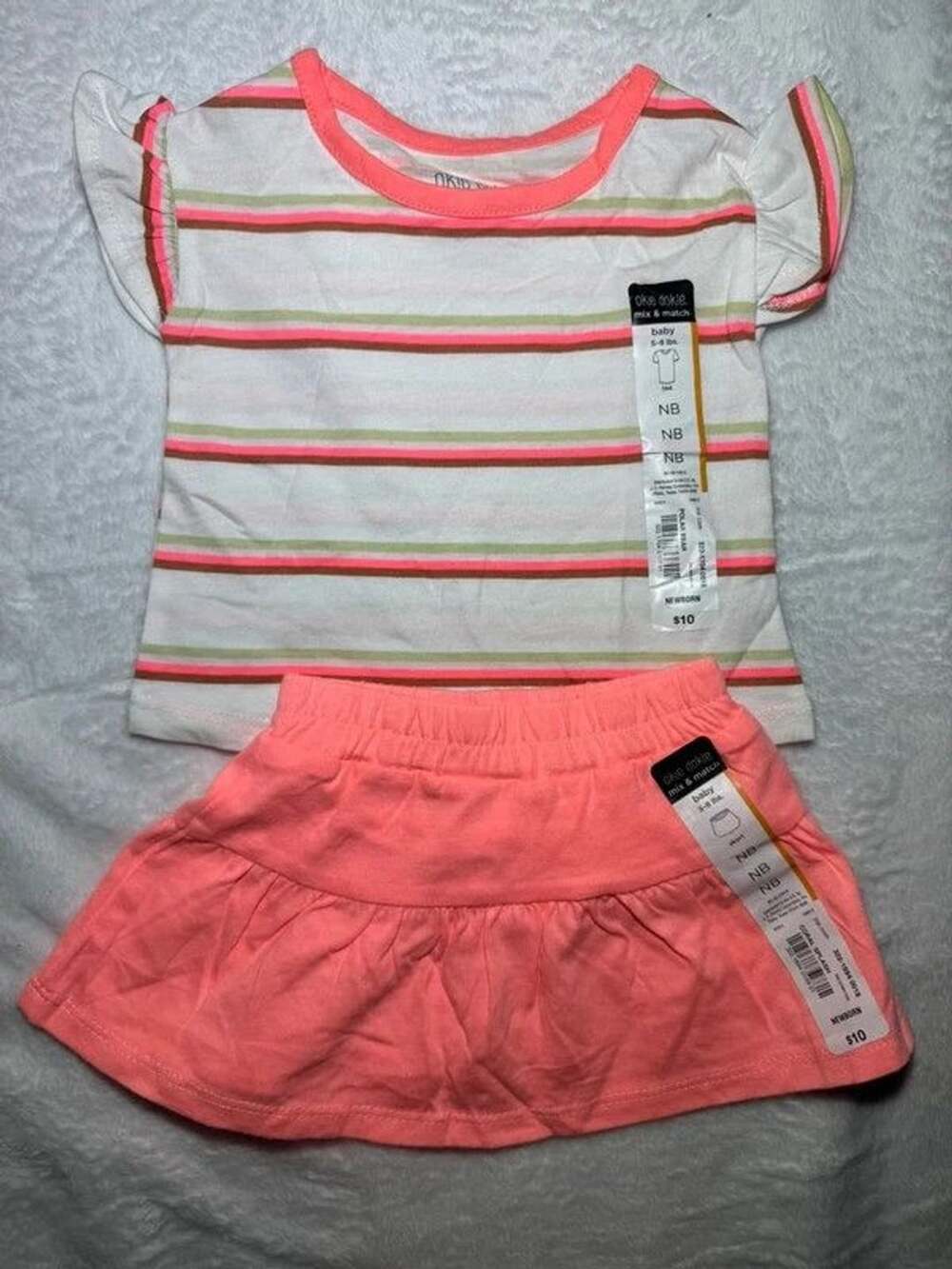 Newborn Girl 2-Piece Skort Set Okie Dokie - Striped Top & Coral Skort (NB) - NWT